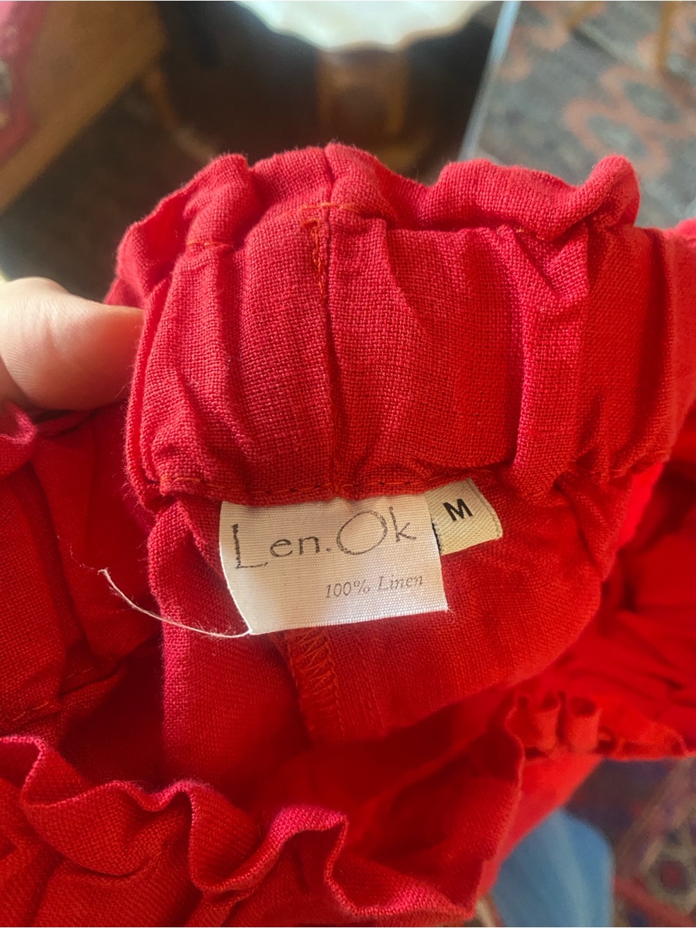 Linen Red Pants Ruffle Hem - Picture 3 of 4